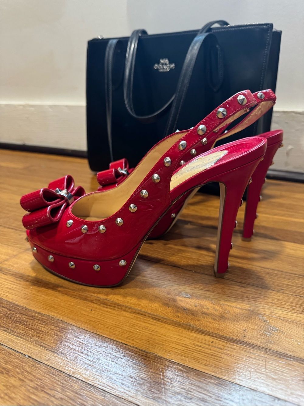 Gianni Bini Spikey629 Red Patent Studded Bow Slingback Platform Heels - Picture 5 of 9